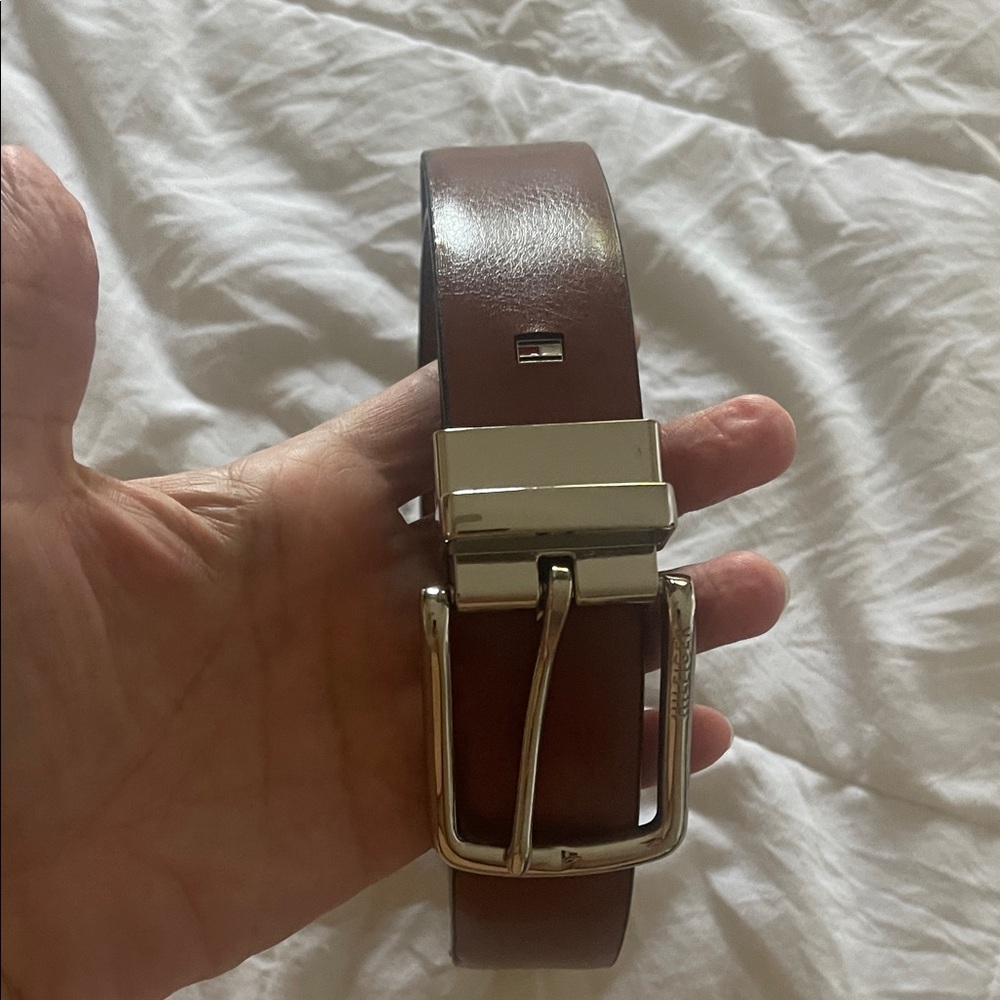 Tommy Hilfiger Brown Leather Belt with Silver Buckle